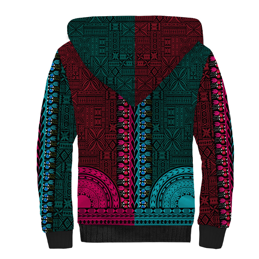 African Dashiki Sherpa Hoodie With Tapa Pattern - Half Teal and Pink LT9 - Polynesian Pride