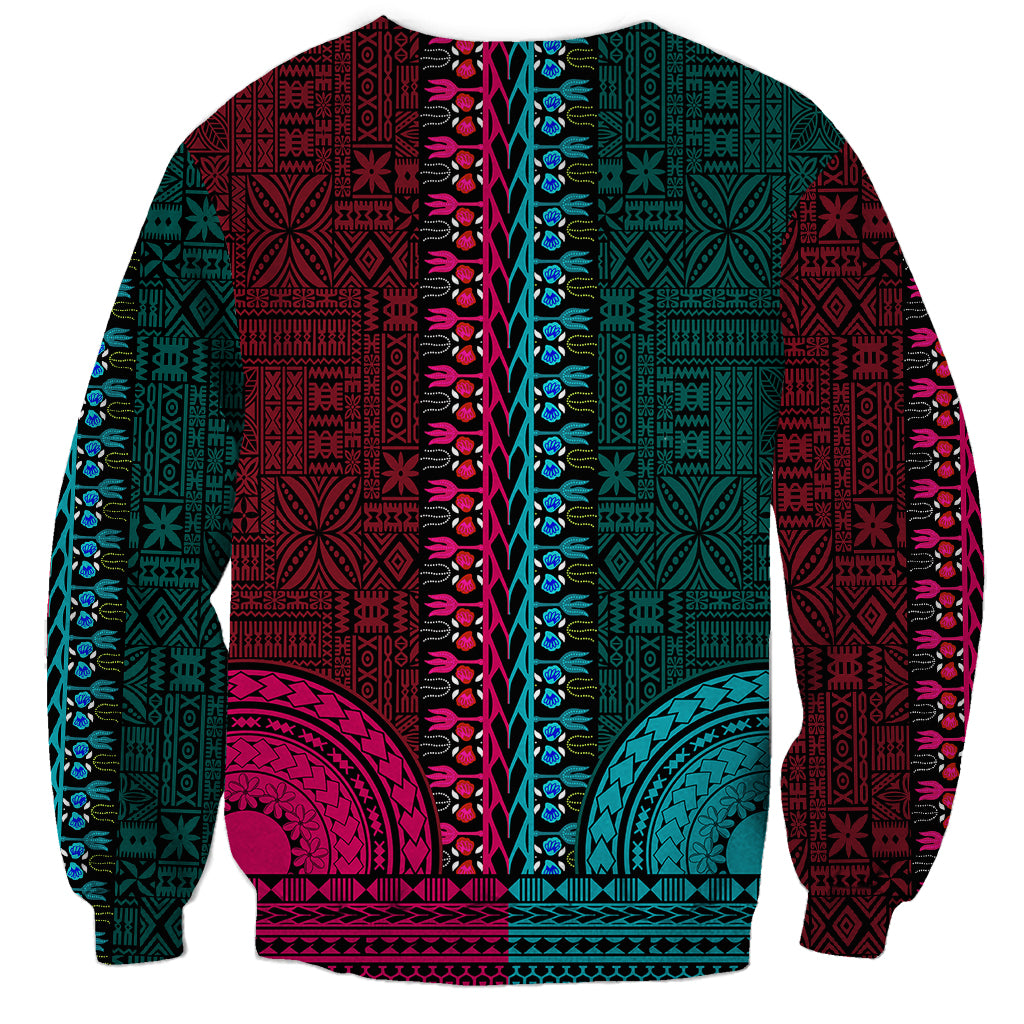 African Dashiki Sweatshirt With Tapa Pattern - Half Teal and Pink LT9 - Polynesian Pride