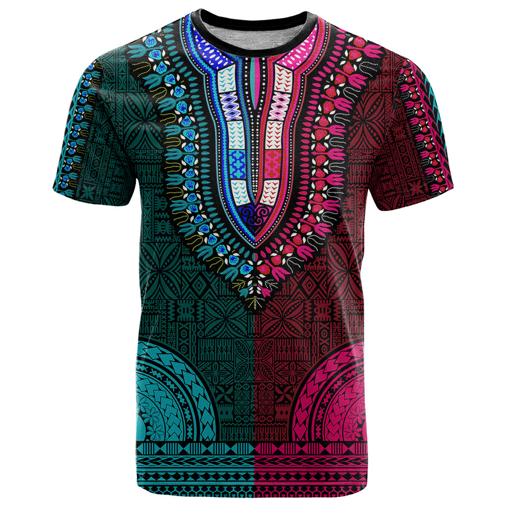 African Dashiki T Shirt With Tapa Pattern Half Teal and Pink LT9 Teal and Pink - Polynesian Pride