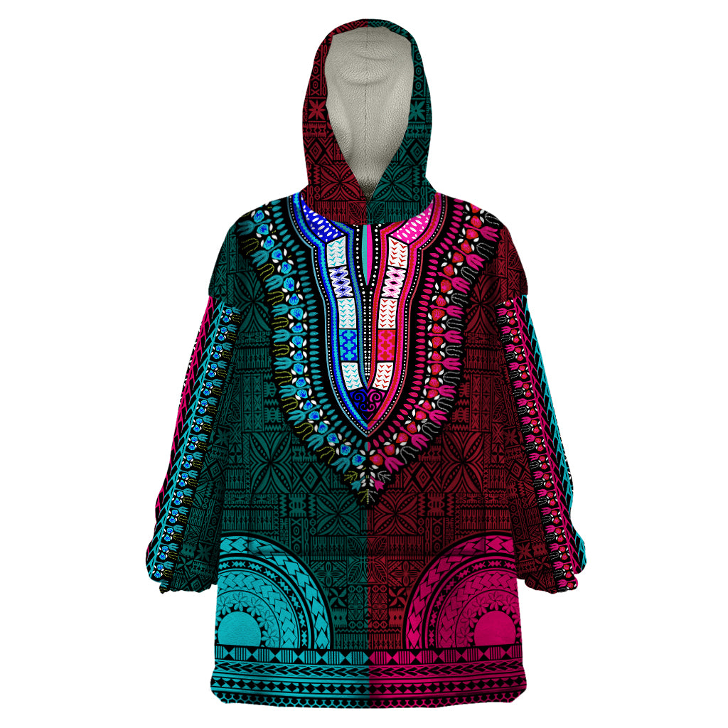 African Dashiki Wearable Blanket Hoodie With Tapa Pattern - Half Teal and Pink LT9 One Size Teal and Pink - Polynesian Pride