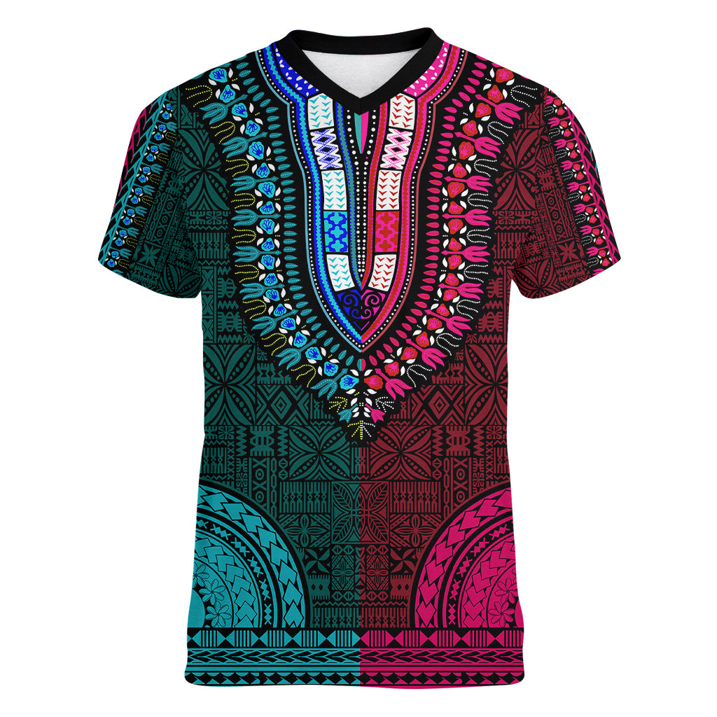 African Dashiki Women V Neck T Shirt With Tapa Pattern - Half Teal and Pink LT9 Female Teal and Pink - Polynesian Pride