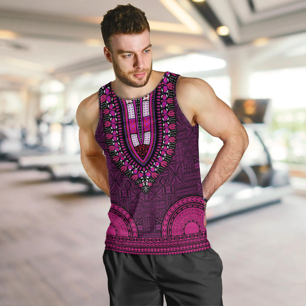 African Dashiki Men Tank Top With Tapa Pattern - Pink LT9 - Polynesian Pride