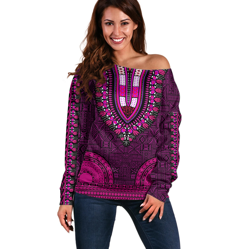 African Dashiki Off Shoulder Sweater With Tapa Pattern - Pink LT9 Women Pink - Polynesian Pride