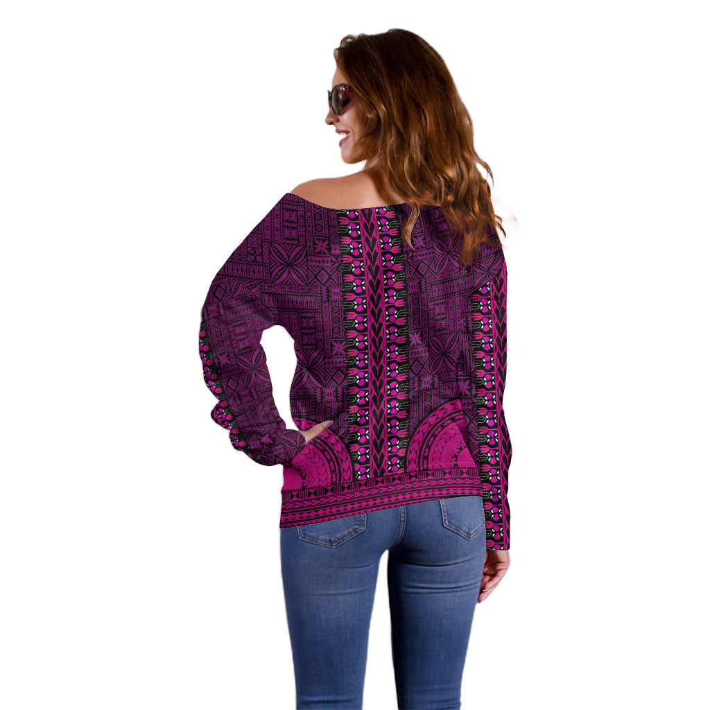 African Dashiki Off Shoulder Sweater With Tapa Pattern - Pink LT9 - Polynesian Pride