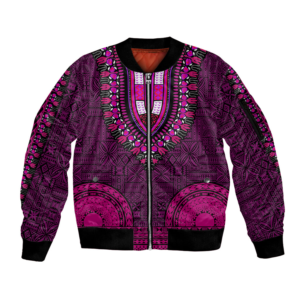 African Dashiki Sleeve Zip Bomber Jacket With Tapa Pattern - Pink LT9 Unisex Pink - Polynesian Pride