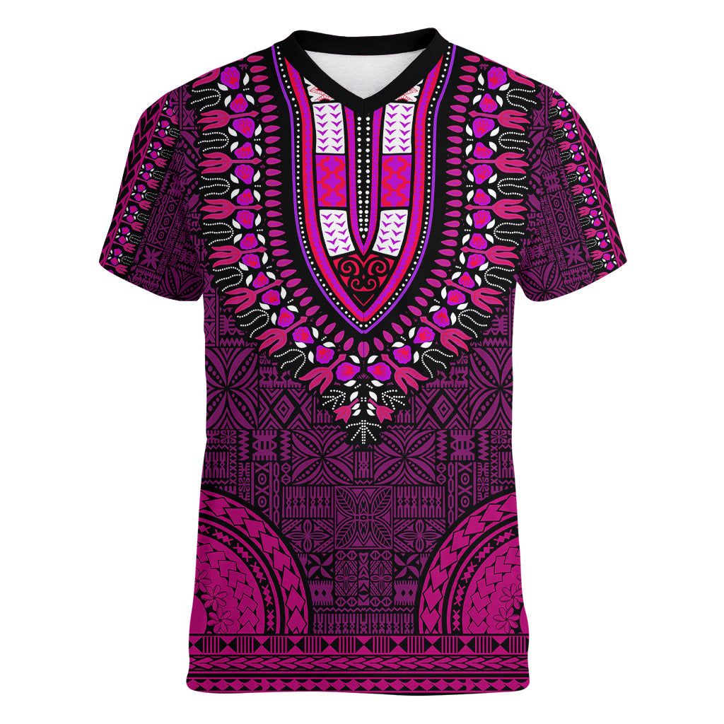 African Dashiki Women V Neck T Shirt With Tapa Pattern - Pink LT9 Female Pink - Polynesian Pride