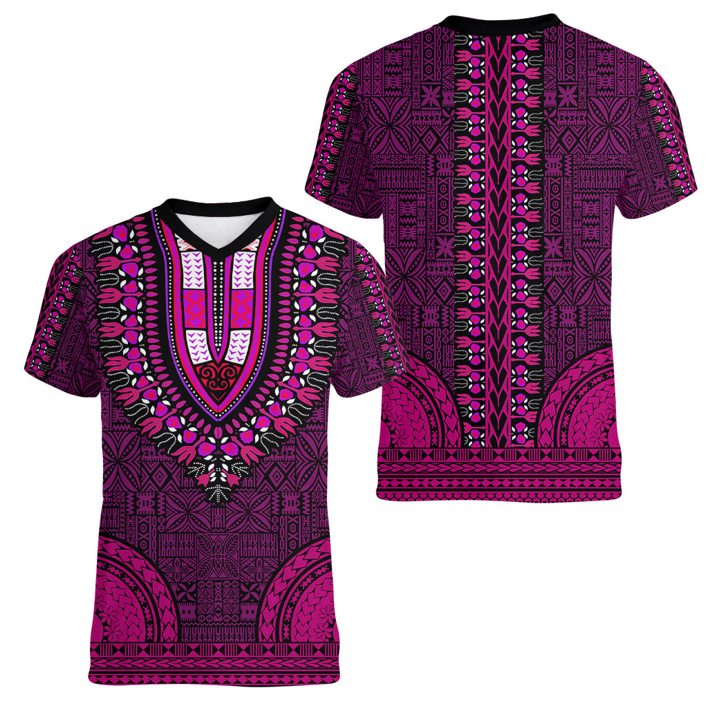 African Dashiki Women V Neck T Shirt With Tapa Pattern - Pink LT9 - Polynesian Pride