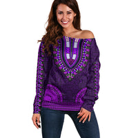 African Dashiki Off Shoulder Sweater With Tapa Pattern - Purple LT9 Women Purple - Polynesian Pride
