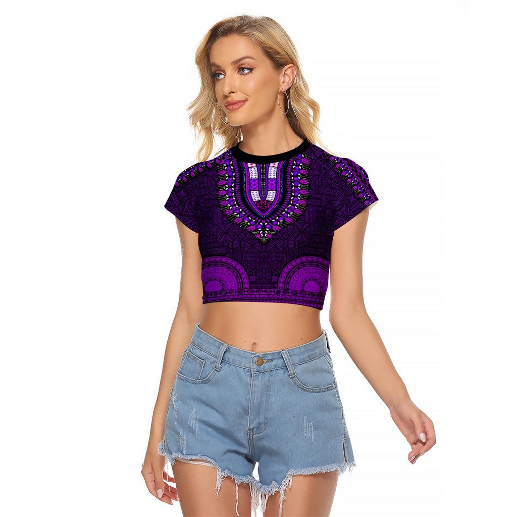 African Dashiki Raglan Cropped T Shirt With Tapa Pattern - Purple LT9 Female Purple - Polynesian Pride