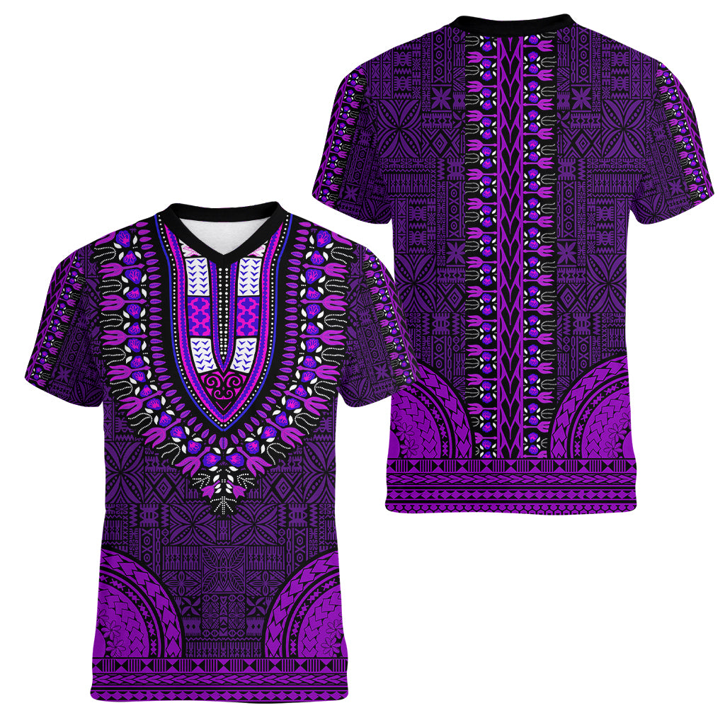 African Dashiki Women V Neck T Shirt With Tapa Pattern - Purple LT9 - Polynesian Pride
