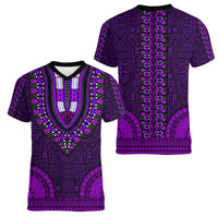 African Dashiki Women V Neck T Shirt With Tapa Pattern - Purple LT9 - Polynesian Pride