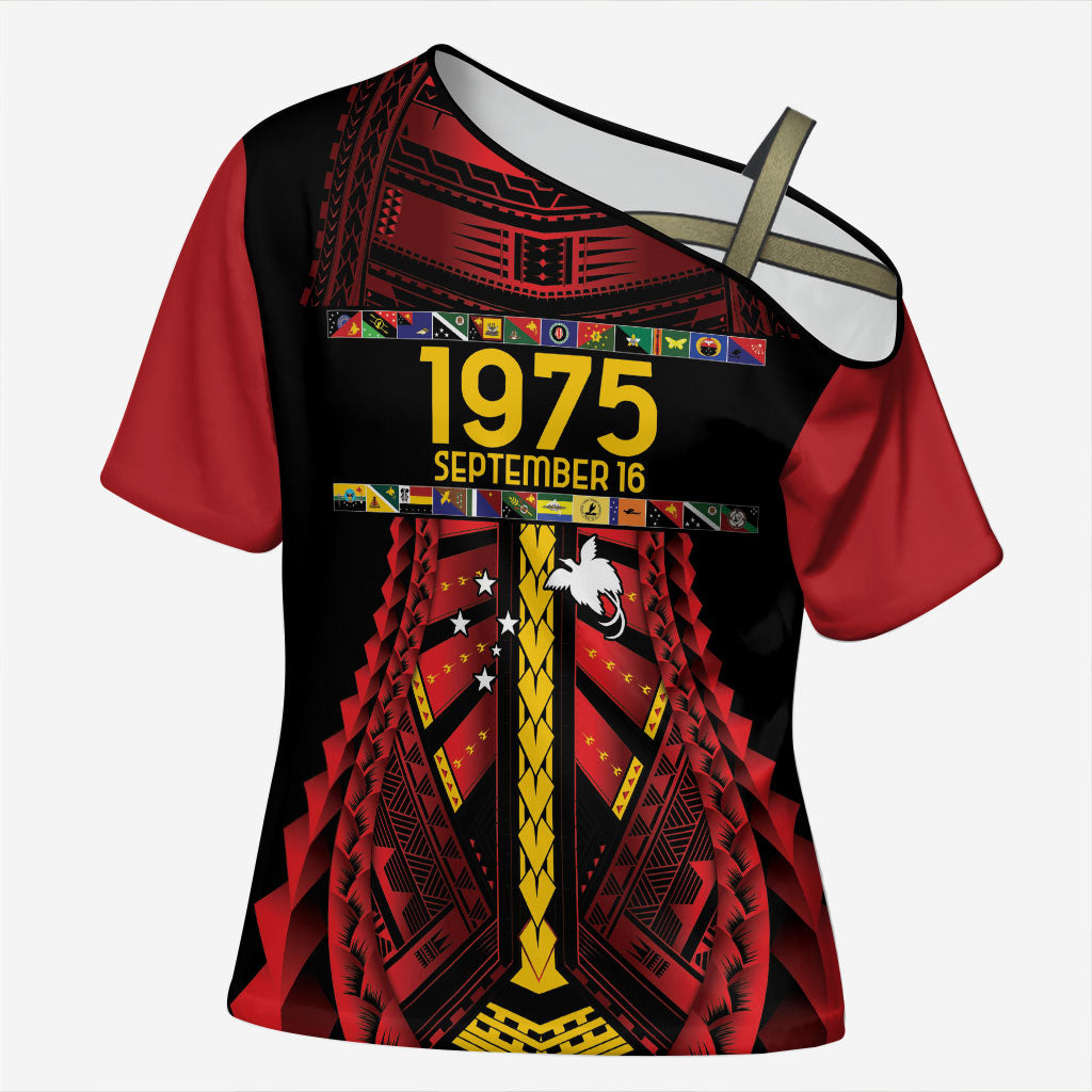 Independen Stet bilong Papua Niugini 1975 Cross Shoulder Shirt Red Tribal Papua New Guinea Province Flag LT9 Female Red - Polynesian Pride