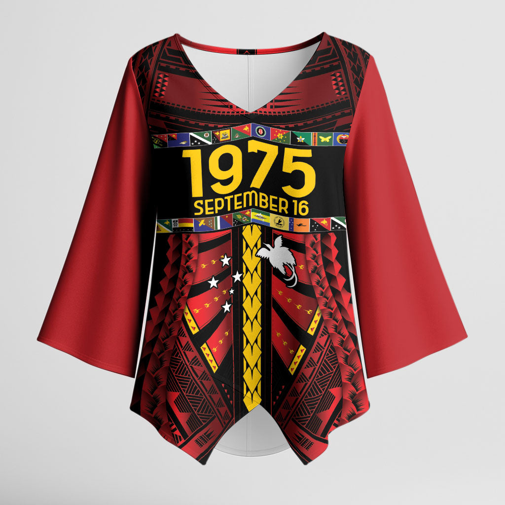Independen Stet bilong Papua Niugini 1975 Kimono Sleeve Blouse Red Tribal Papua New Guinea Province Flag LT9 Female Red - Polynesian Pride