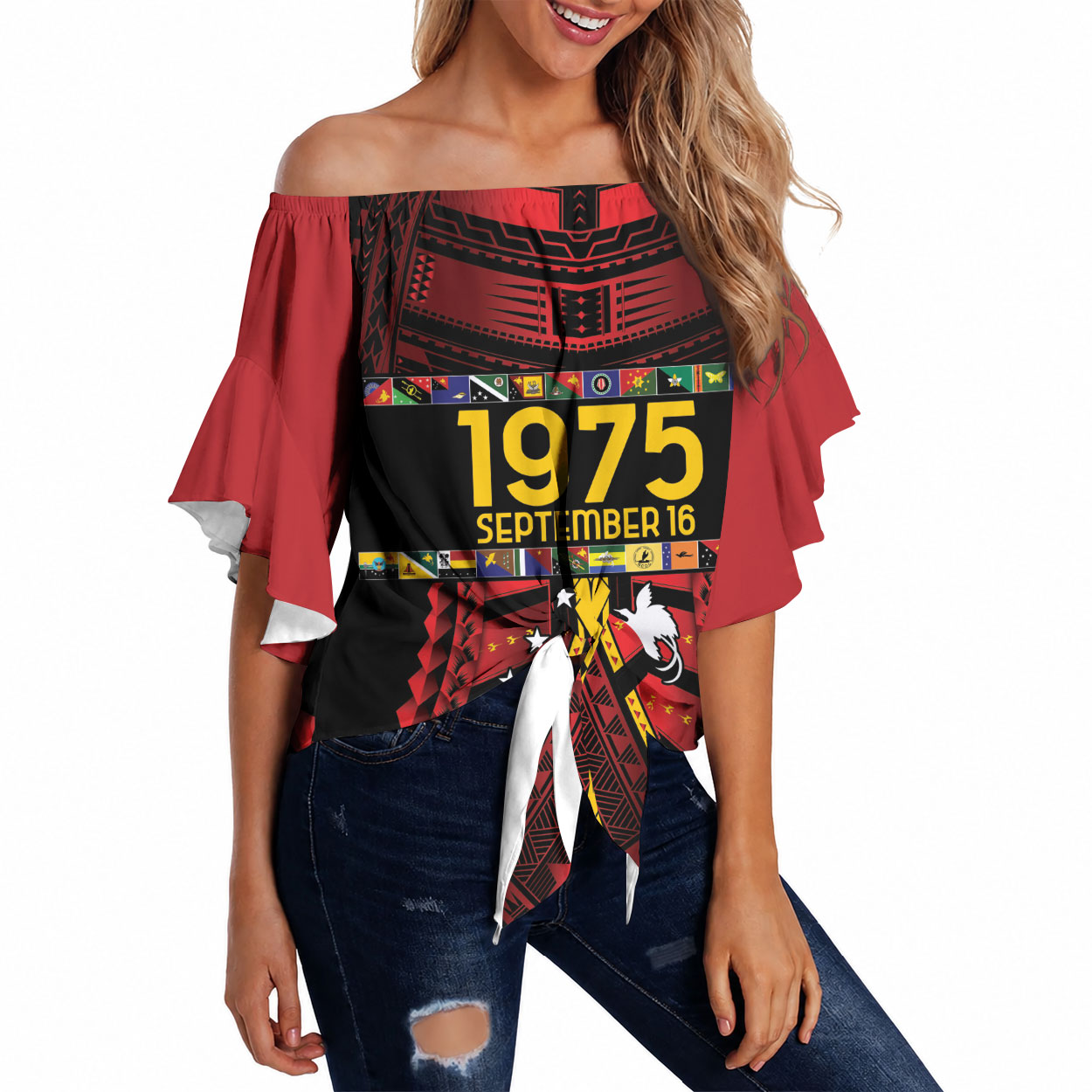 Independen Stet bilong Papua Niugini 1975 Off Shoulder Wrap Waist Top Red Tribal Papua New Guinea Province Flag LT9 Red - Polynesian Pride
