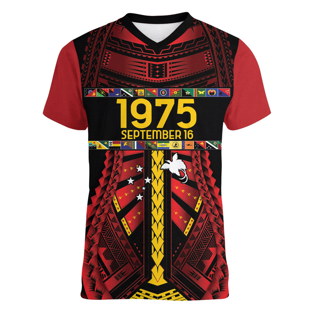 Independen Stet bilong Papua Niugini 1975 Women V-Neck T-Shirt Red Tribal Papua New Guinea Province Flag LT9 Female Red - Polynesian Pride
