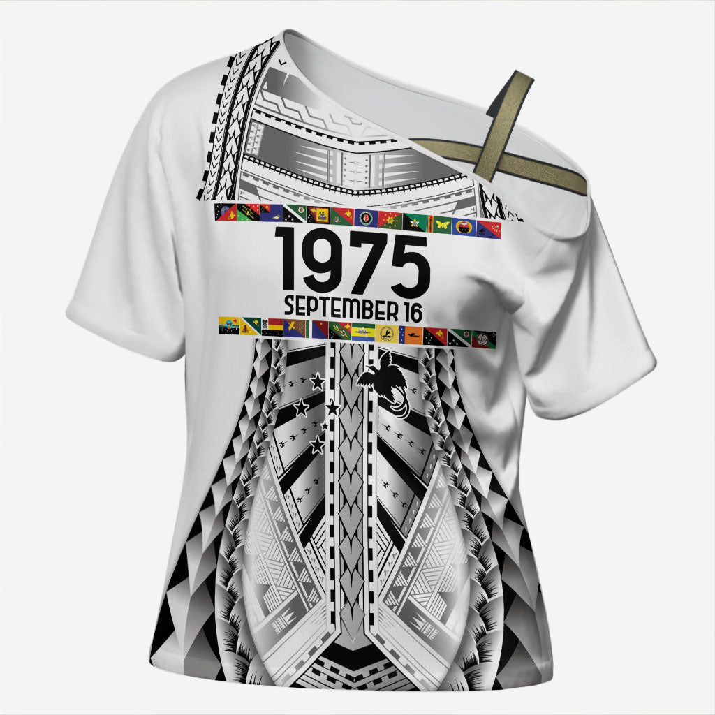 Independen Stet bilong Papua Niugini 1975 Cross Shoulder Shirt White Tribal Papua New Guinea Province Flag LT9 Female White - Polynesian Pride