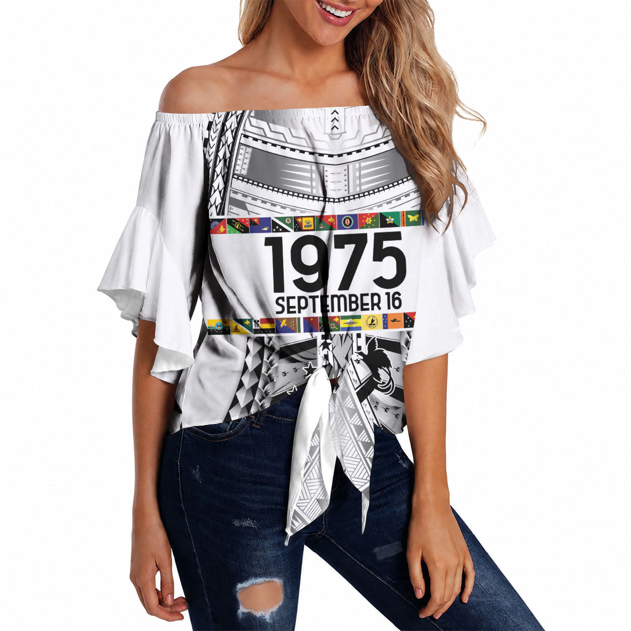 Independen Stet bilong Papua Niugini 1975 Off Shoulder Wrap Waist Top White Tribal Papua New Guinea Province Flag LT9 White - Polynesian Pride