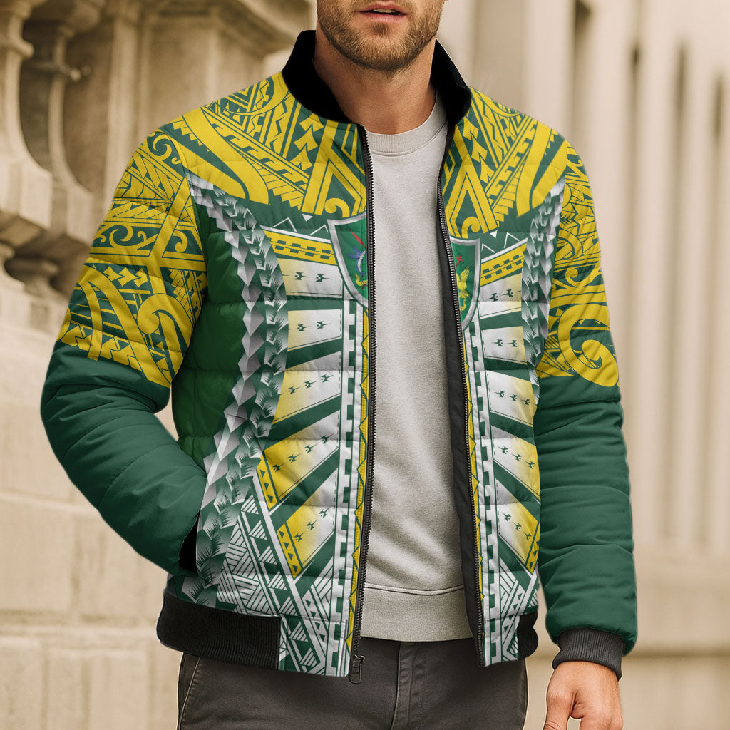 Cook Islands 1965 National Pride Bomber Puffer Jacket Green Yellow Tribal Pattern LT9 - Polynesian Pride