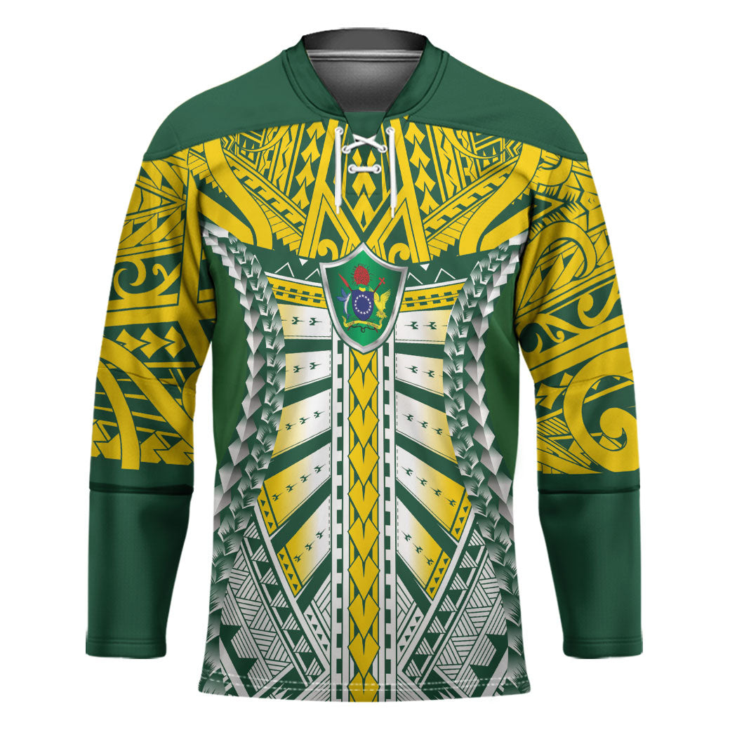 Cook Islands 1965 National Pride Hockey Jersey Green Yellow Tribal Pattern LT9 Unisex Green - Polynesian Pride
