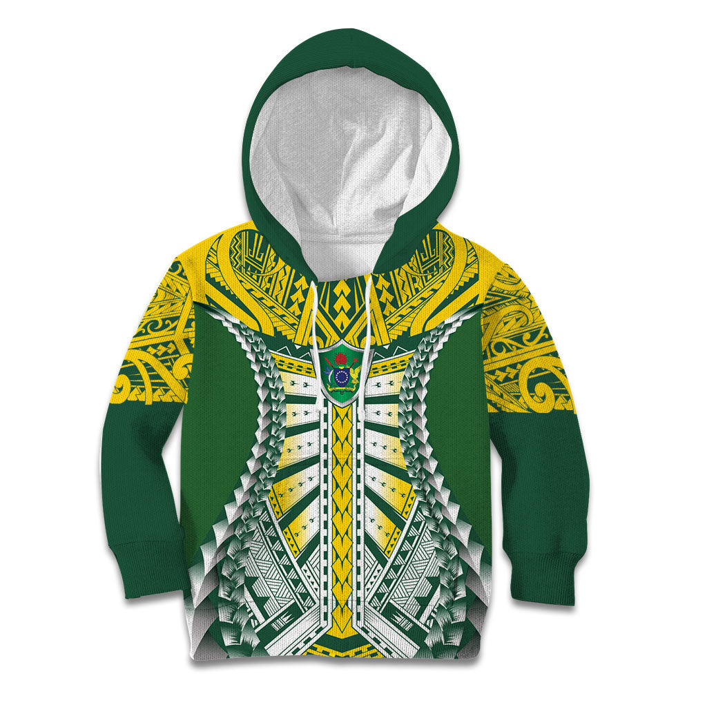 Cook Islands 1965 National Pride Kid Hoodie Green Yellow Tribal Pattern LT9 Hoodie Green - Polynesian Pride