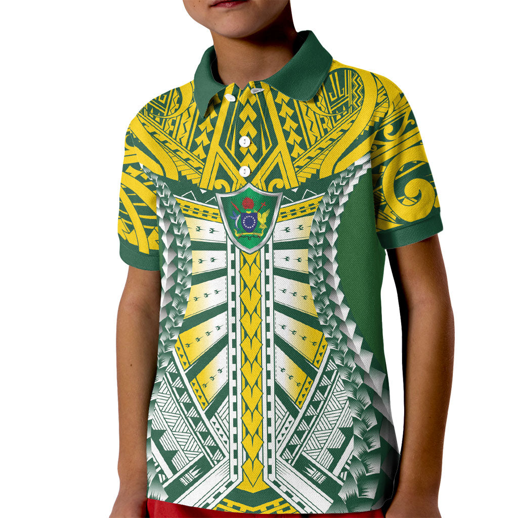 Cook Islands 1965 National Pride Kid Polo Shirt Green Yellow Tribal Pattern LT9 Kid Green - Polynesian Pride