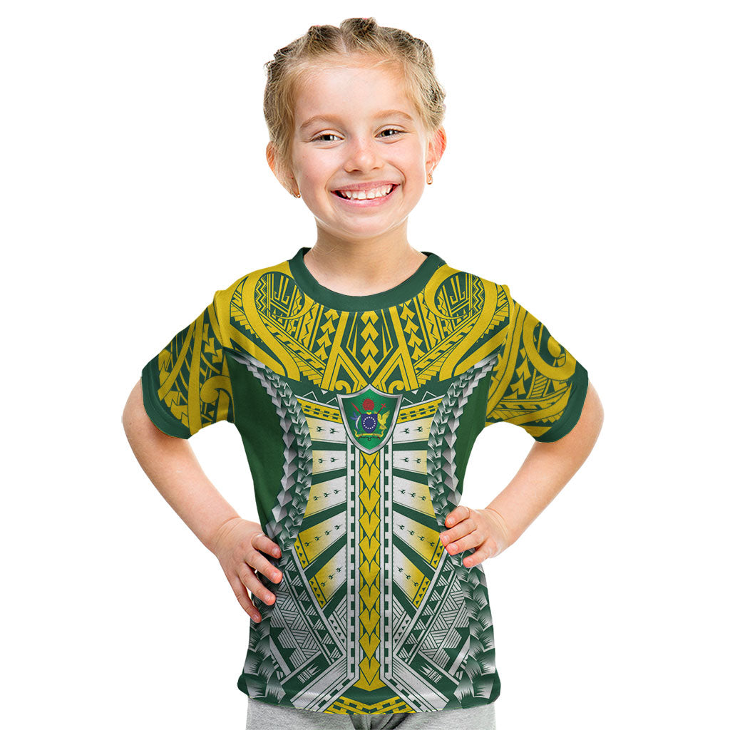 Cook Islands 1965 National Pride Kid T Shirt Green Yellow Tribal Pattern LT9 Green - Polynesian Pride