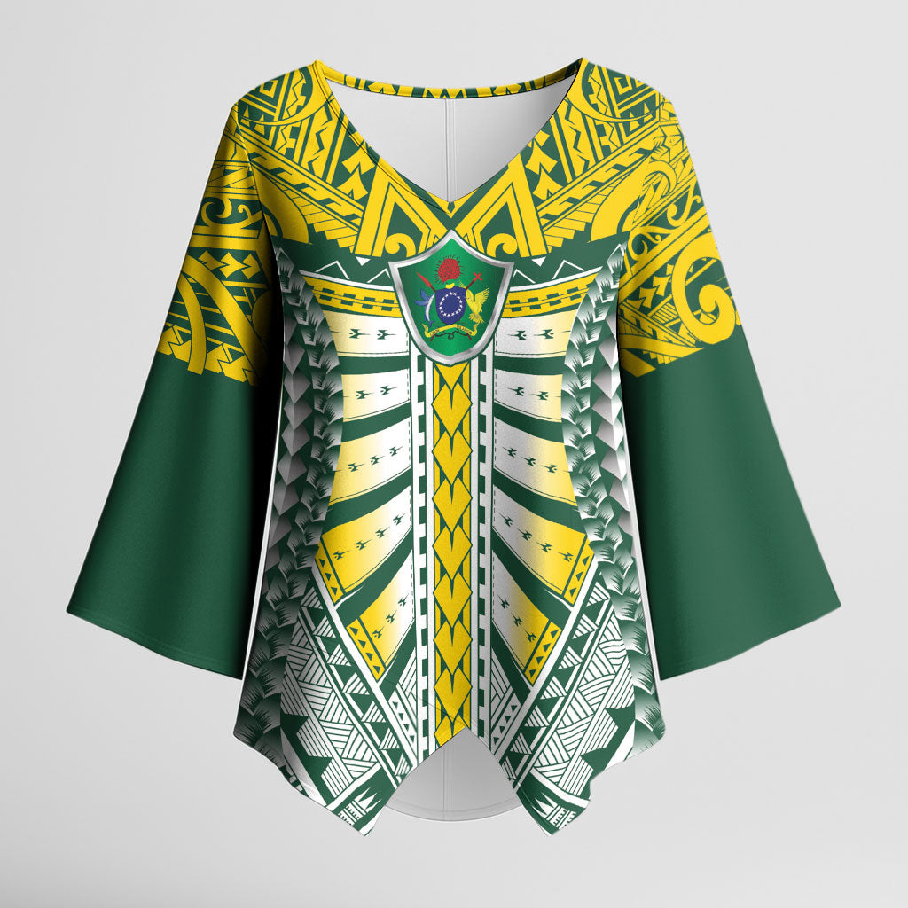 Cook Islands 1965 National Pride Kimono Sleeve Blouse Green Yellow Tribal Pattern LT9 Female Green - Polynesian Pride