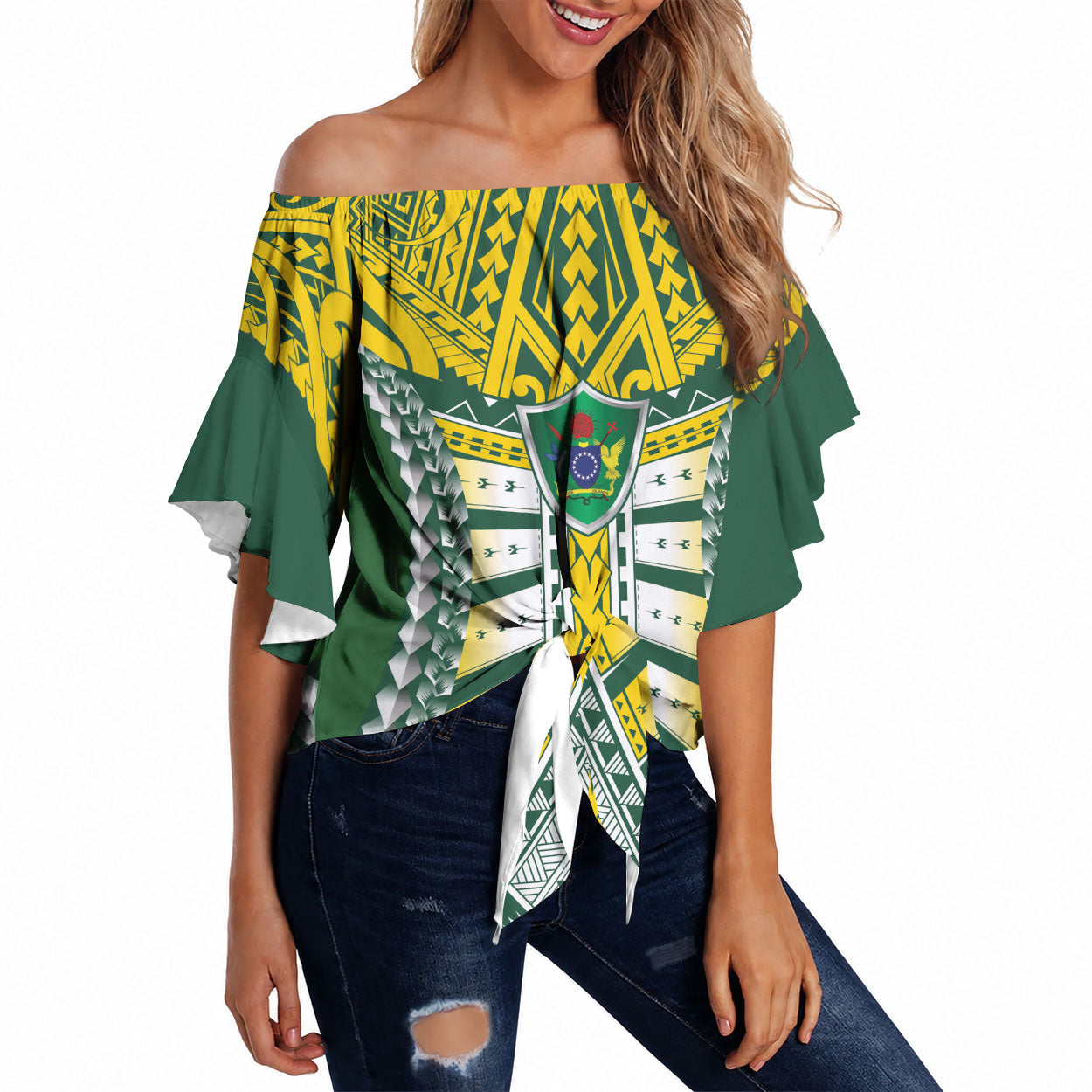 Cook Islands 1965 National Pride Off Shoulder Wrap Waist Top Green Yellow Tribal Pattern LT9 Green - Polynesian Pride