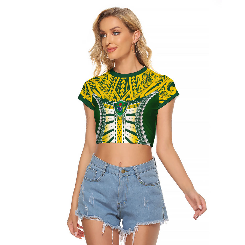 Cook Islands 1965 National Pride Raglan Cropped T Shirt Green Yellow Tribal Pattern LT9 Female Green - Polynesian Pride