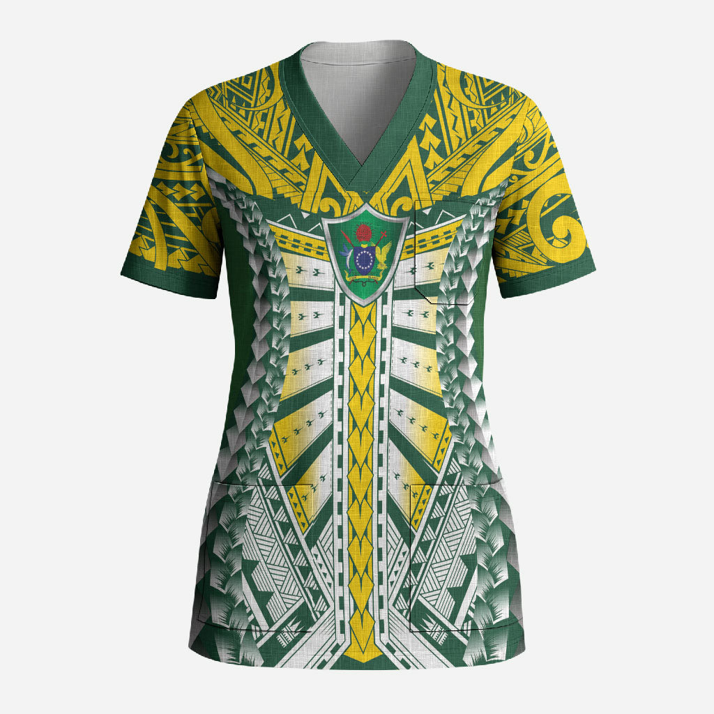 Cook Islands 1965 National Pride Scrub Top Green Yellow Tribal Pattern LT9 Adult Green - Polynesian Pride