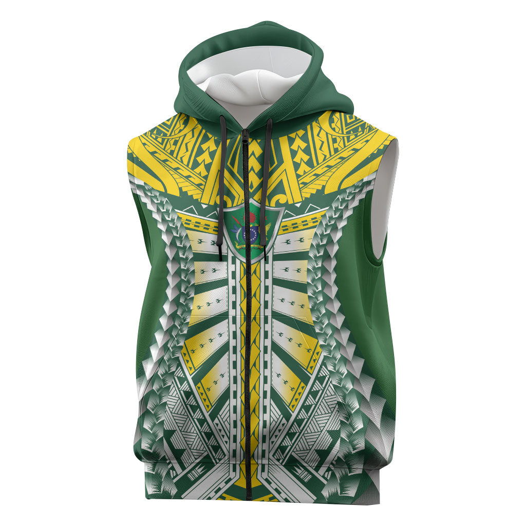 Cook Islands 1965 National Pride Sleeveless Zip Hoodie Green Yellow Tribal Pattern LT9 Green - Polynesian Pride