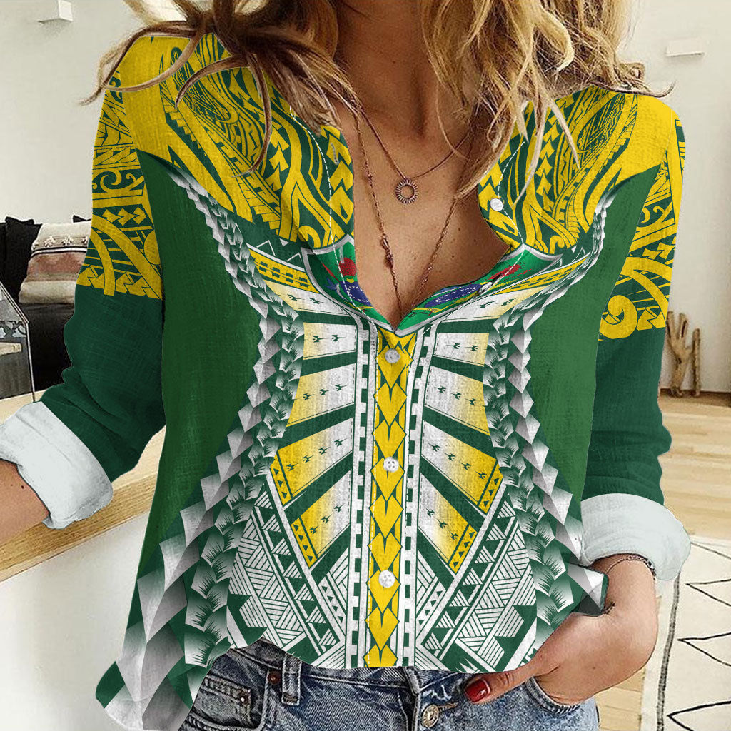Cook Islands 1965 National Pride Women Casual Shirt Green Yellow Tribal Pattern LT9 Female Green - Polynesian Pride
