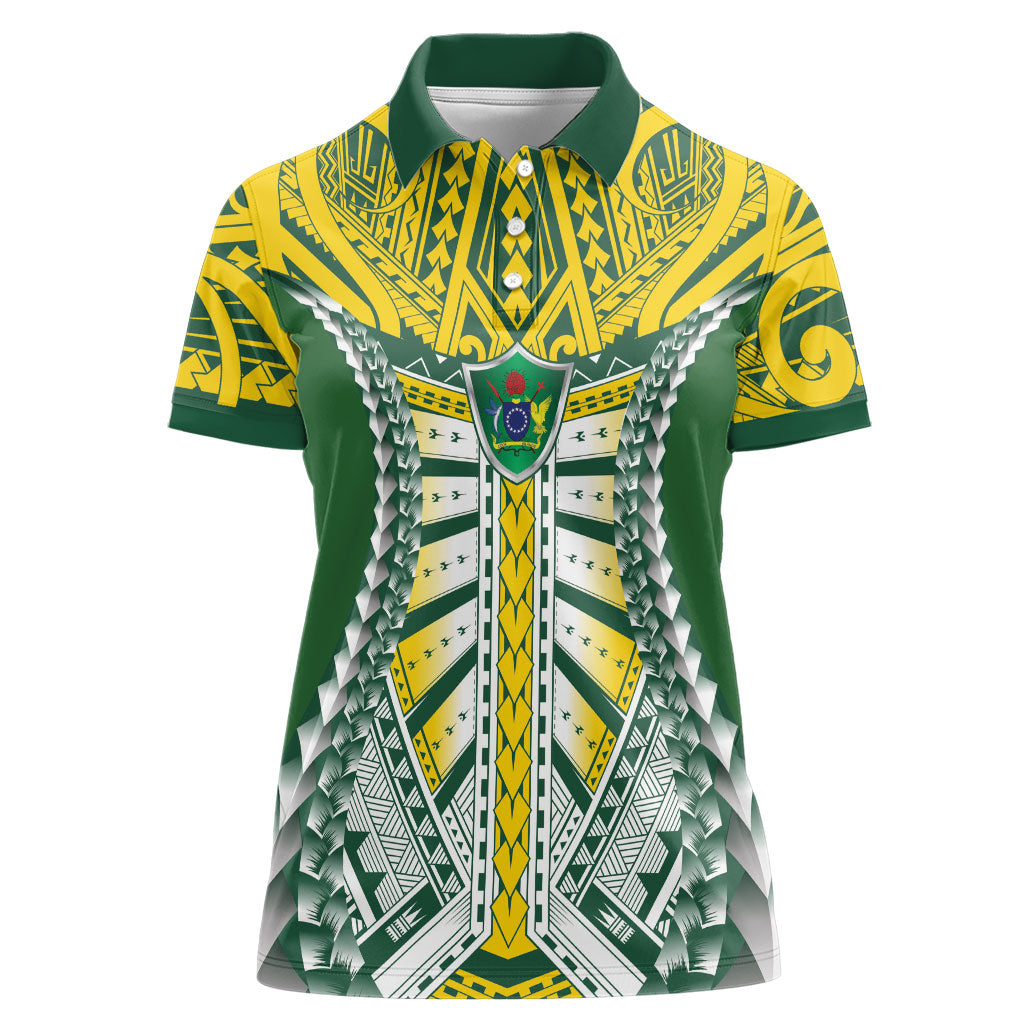 Cook Islands 1965 National Pride Women Polo Shirt Green Yellow Tribal Pattern LT9 Female Green - Polynesian Pride