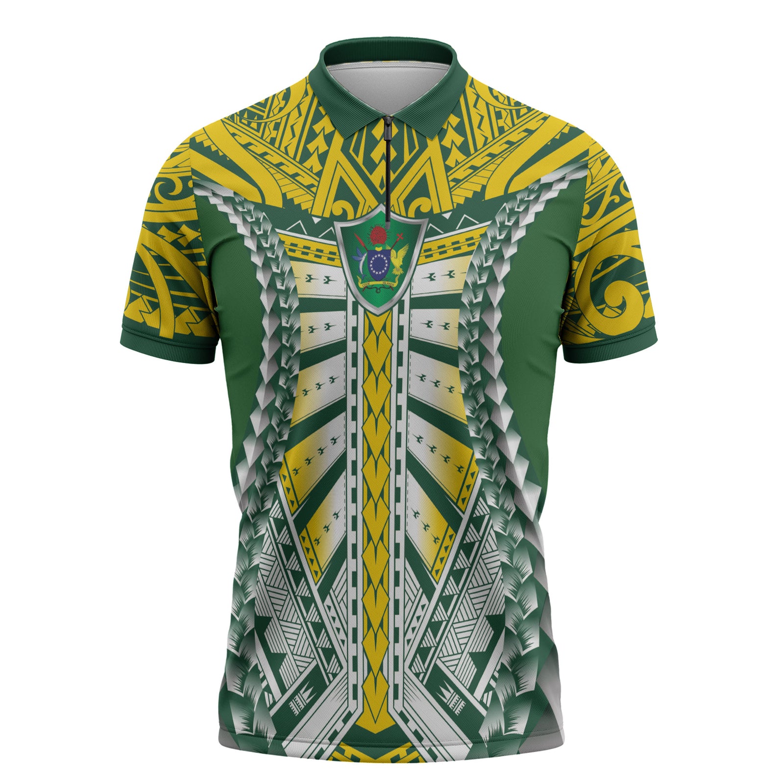 Cook Islands 1965 National Pride Zipper Polo Shirt Green Yellow Tribal Pattern LT9 Green - Polynesian Pride
