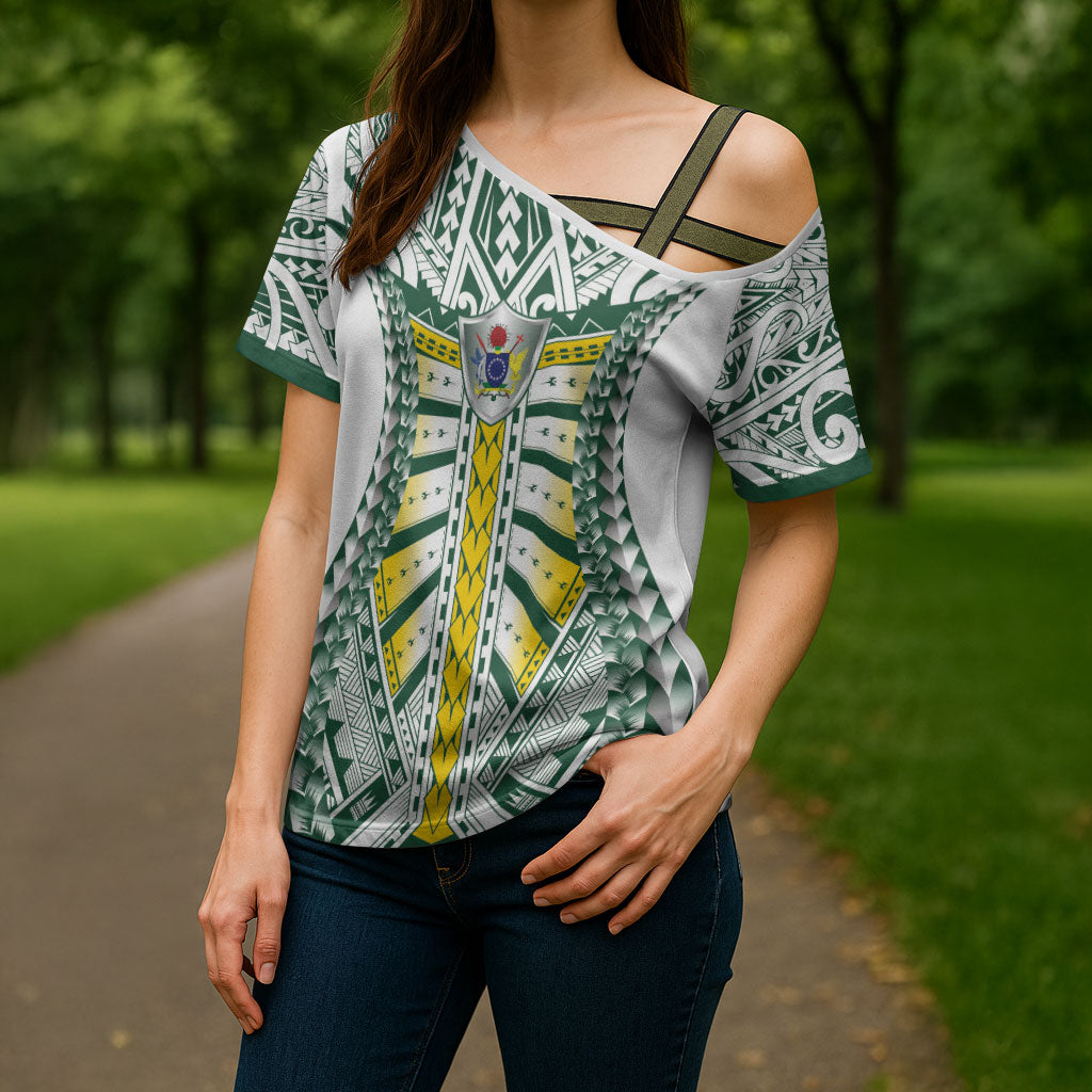 Cook Islands 1965 National Pride Cross Shoulder Shirt White Tribal Pattern LT9 - Polynesian Pride