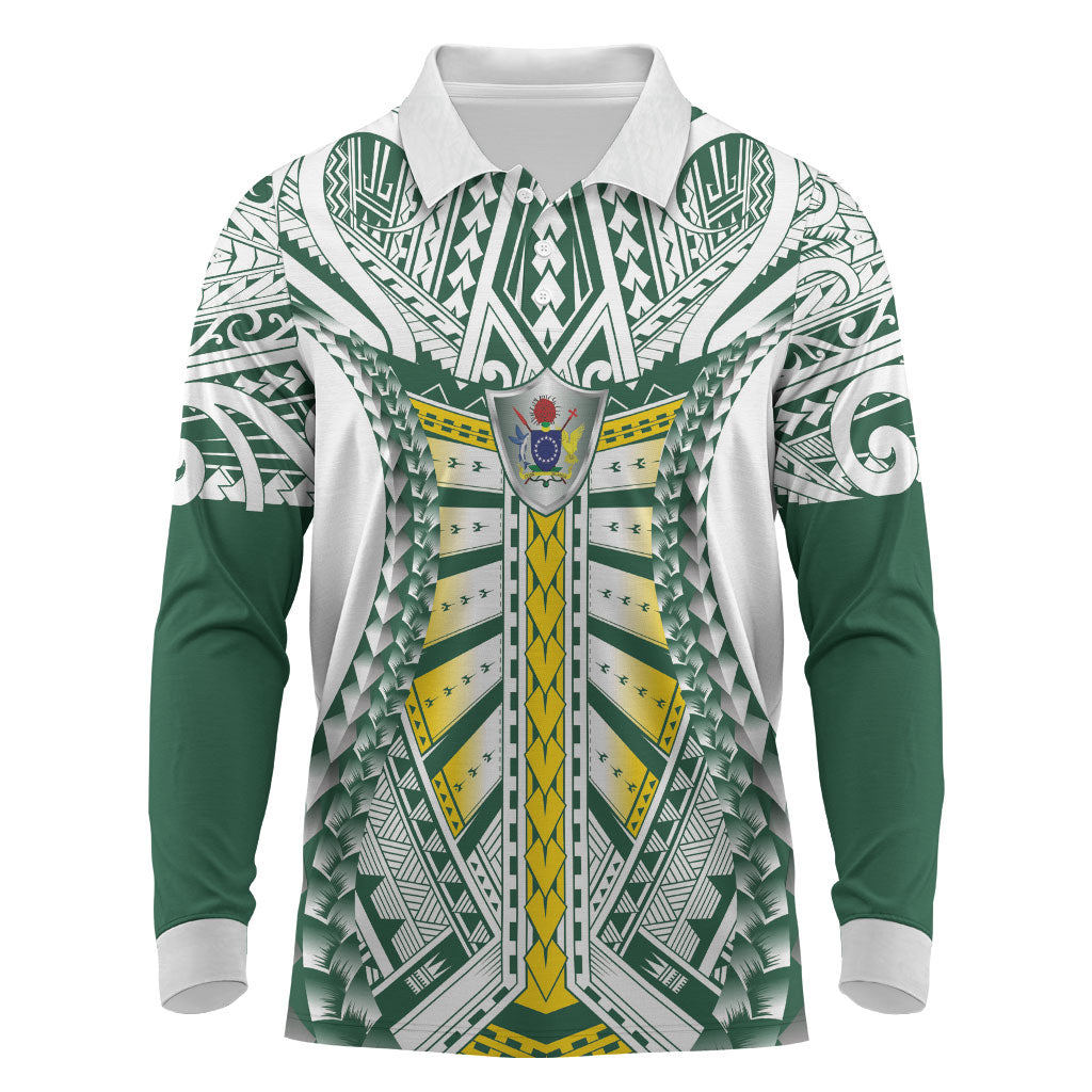 Cook Islands 1965 National Pride Long Sleeve Polo Shirt White Tribal Pattern LT9 White - Polynesian Pride