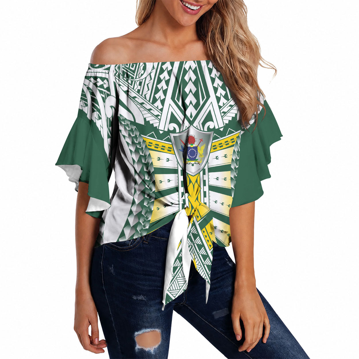 Cook Islands 1965 National Pride Off Shoulder Wrap Waist Top White Tribal Pattern LT9 White - Polynesian Pride
