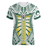 Cook Islands 1965 National Pride Women V-Neck T-Shirt White Tribal Pattern LT9 Female White - Polynesian Pride