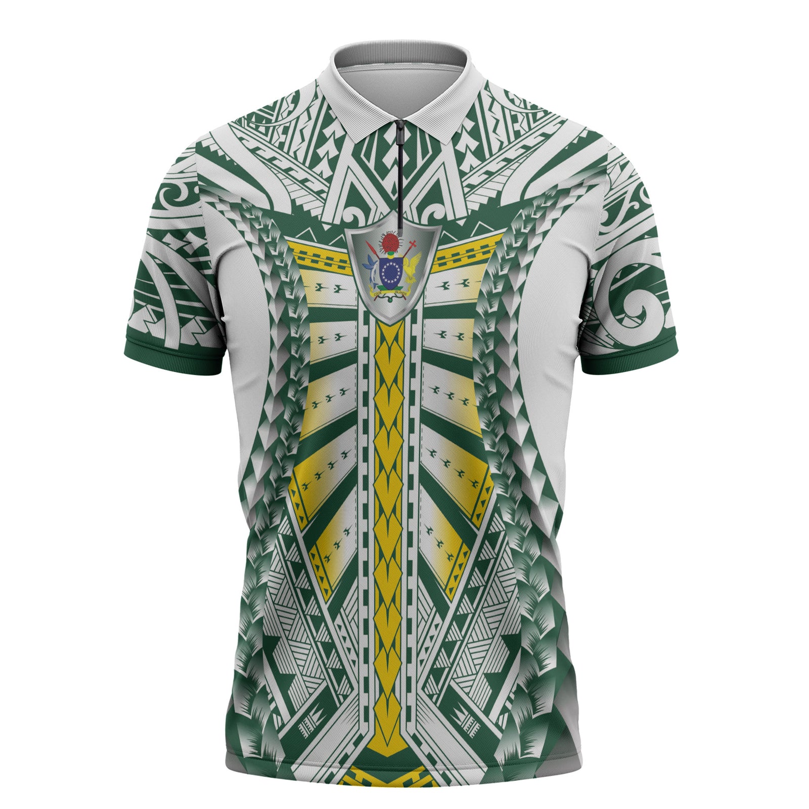 Cook Islands 1965 National Pride Zipper Polo Shirt White Tribal Pattern LT9 White - Polynesian Pride