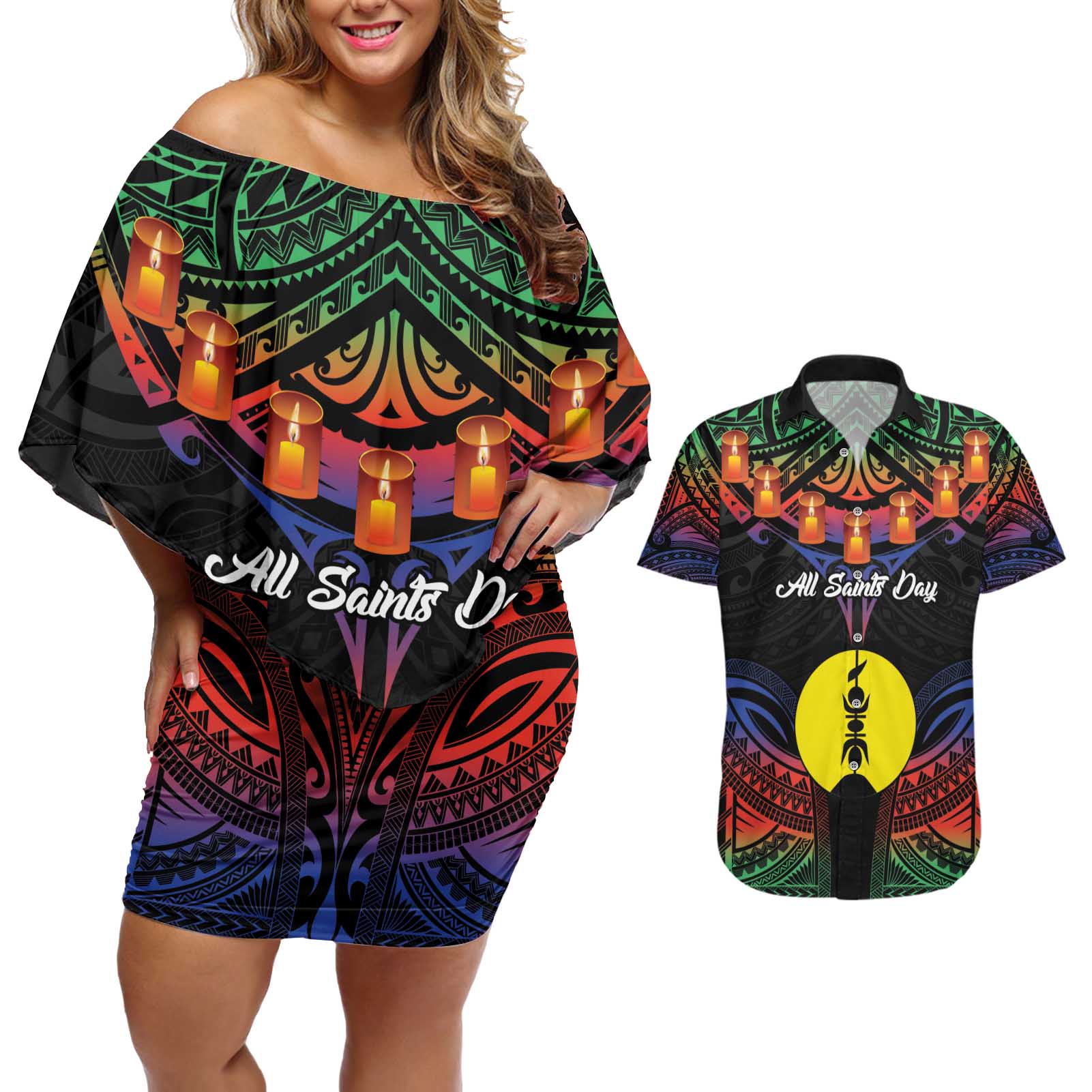 Personalised New Caledonia All Saints Day Couples Matching Off Shoulder Short Dress and Hawaiian Shirt Candle Light with Polynesian Style