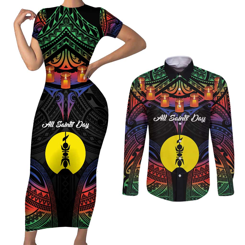 Personalised New Caledonia All Saints Day Couples Matching Short Sleeve Bodycon Dress and Long Sleeve Button Shirt Candle Light with Polynesian Style