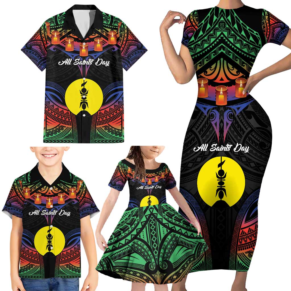 Personalised New Caledonia All Saints Day Family Matching Short Sleeve Bodycon Dress and Hawaiian Shirt Candle Light with Polynesian Style