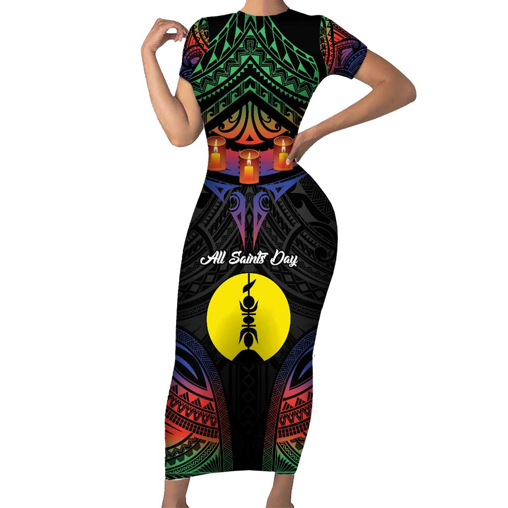 Personalised New Caledonia All Saints Day Family Matching Short Sleeve Bodycon Dress and Hawaiian Shirt Candle Light with Polynesian Style