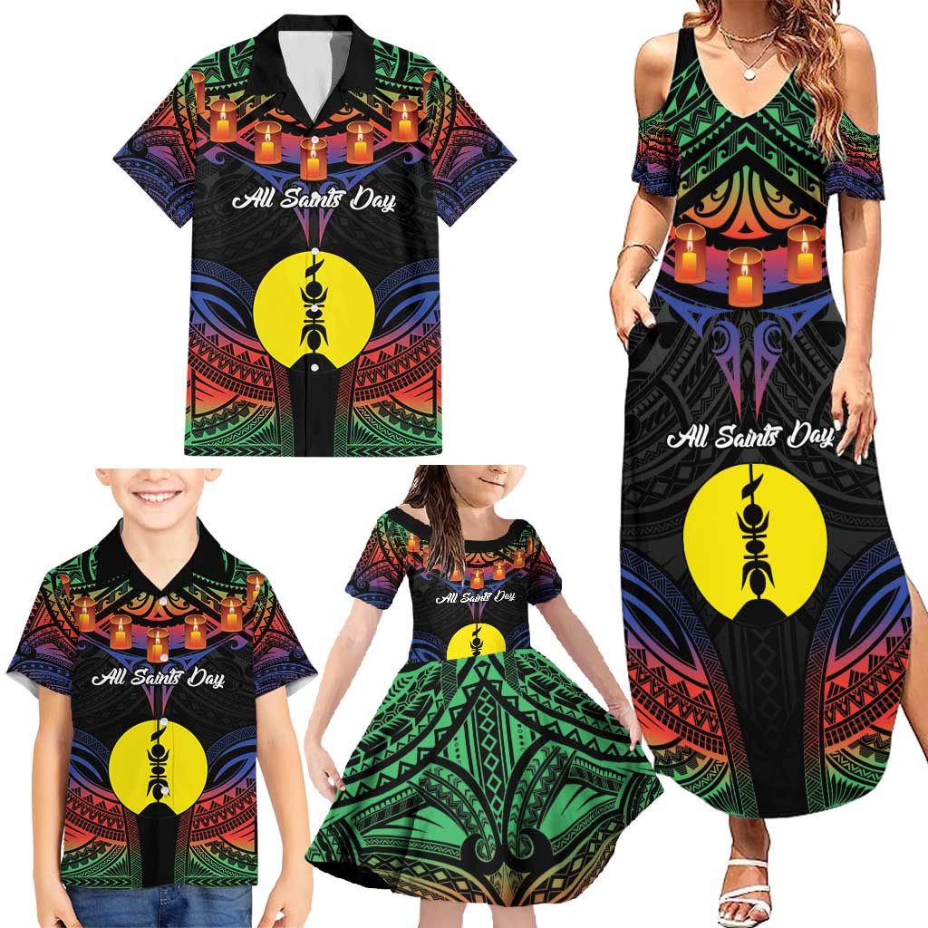 Personalised New Caledonia All Saints Day Family Matching Summer Maxi Dress and Hawaiian Shirt Candle Light with Polynesian Style