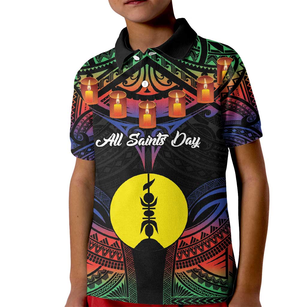 Personalised New Caledonia All Saints Day Kid Polo Shirt Candle Light with Polynesian Style