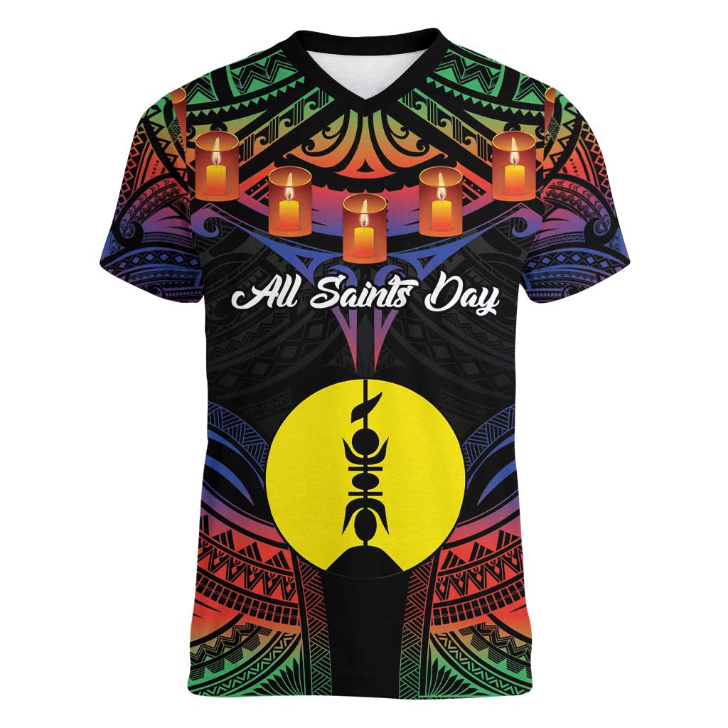 Personalised New Caledonia All Saints Day Women V-Neck T-Shirt Candle Light with Polynesian Style