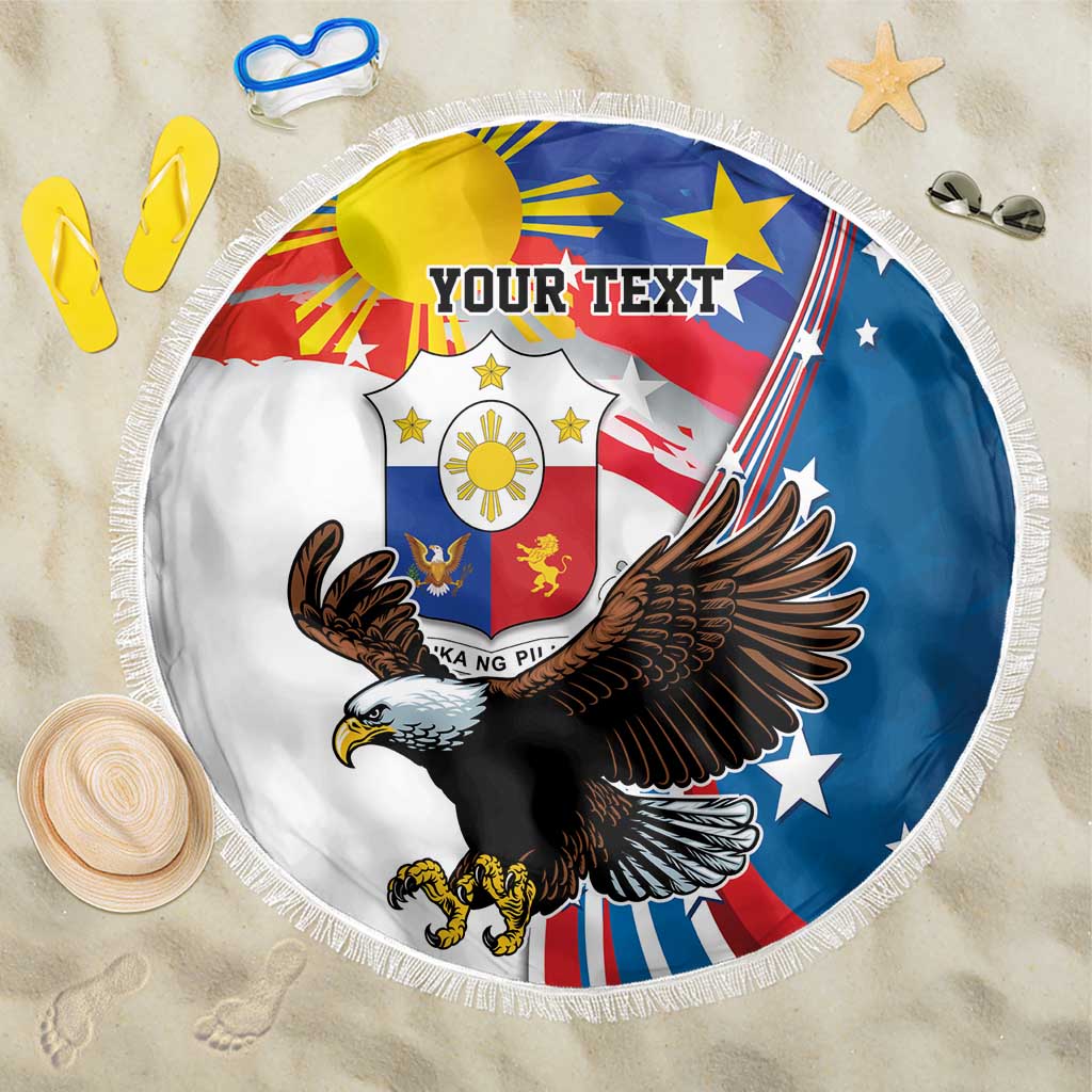 Personalized Filipino-American Beach Blanket The Eight-Rayed Sun with Bald Eagle LT9 One Size 150cm Blue - Polynesian Pride