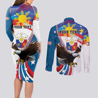 Personalized Filipino-American Couples Matching Long Sleeve Bodycon Dress and Long Sleeve Button Shirt The Eight-Rayed Sun with Bald Eagle LT9 - Polynesian Pride