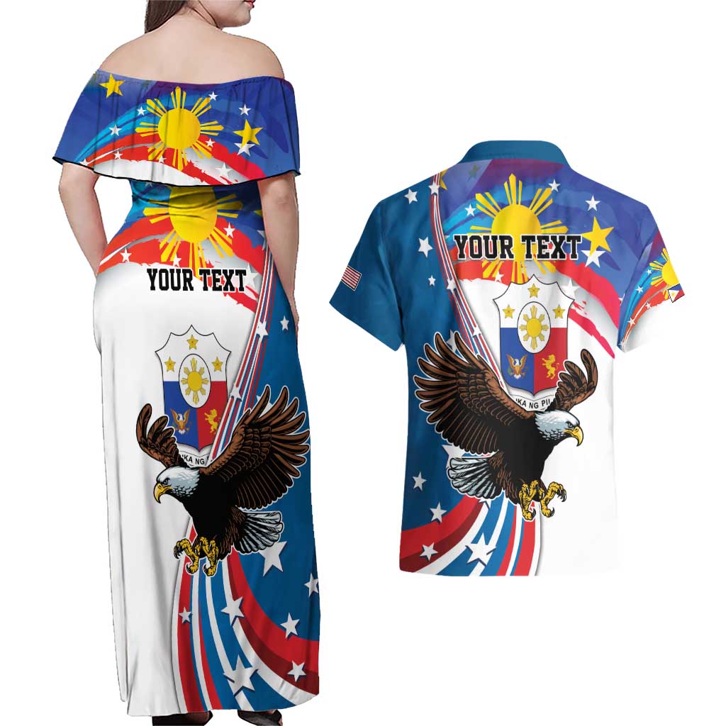 Personalized Filipino-American Couples Matching Off Shoulder Maxi Dress and Hawaiian Shirt The Eight-Rayed Sun with Bald Eagle