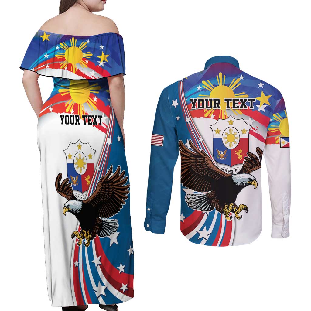 Personalized Filipino-American Couples Matching Off Shoulder Maxi Dress and Long Sleeve Button Shirt The Eight-Rayed Sun with Bald Eagle LT9 - Polynesian Pride